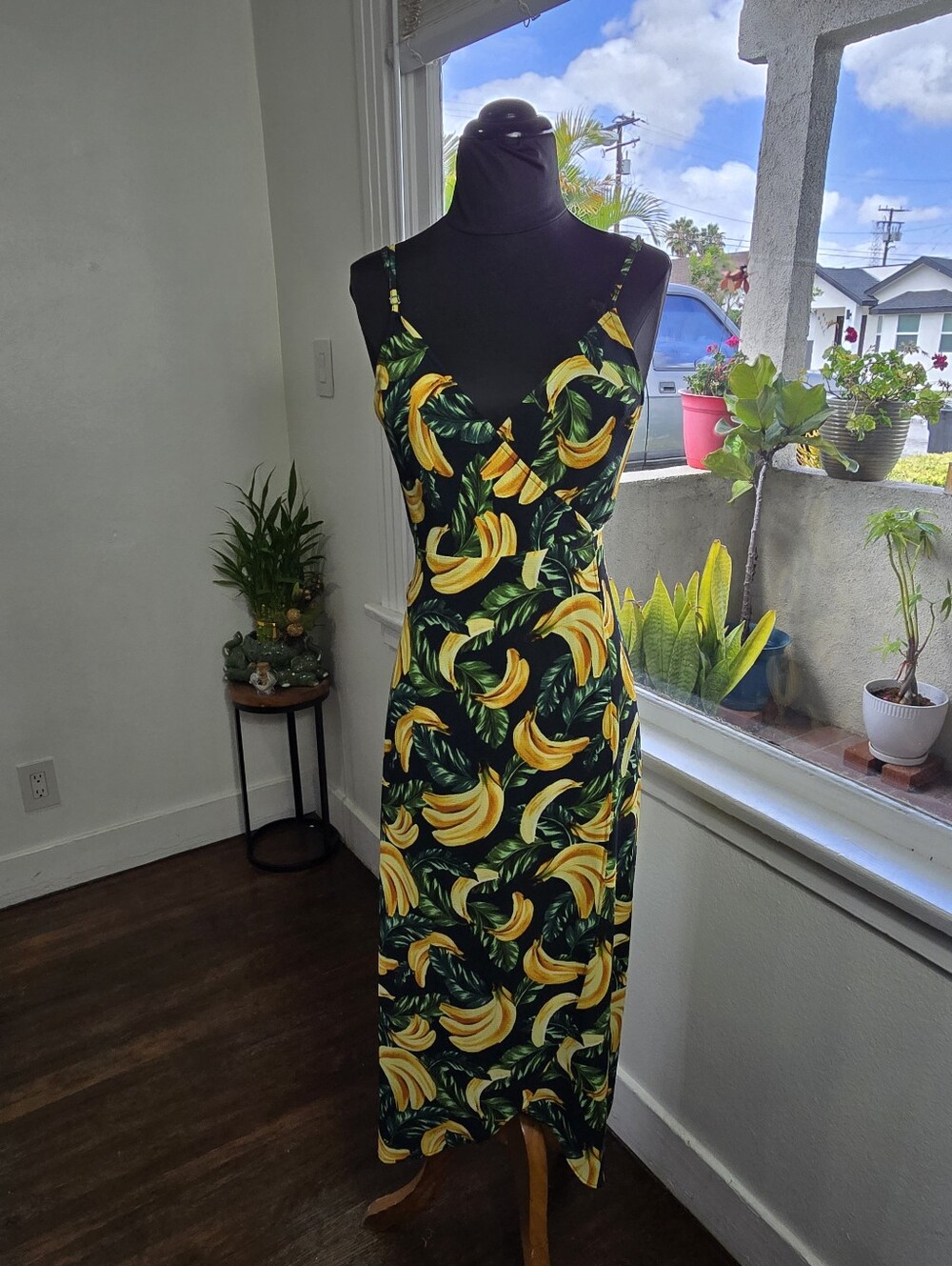 Novelty Show Me Your MuMu Black Slip Midi Dress with Yellow Banana Print